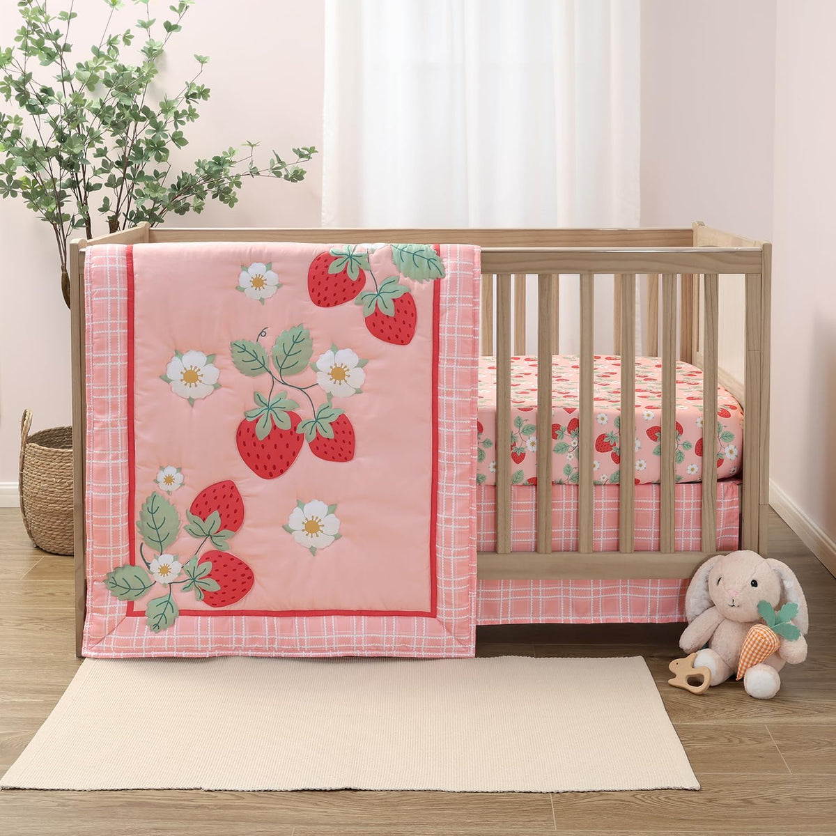 Strawberry Sweet 3-Piece Baby Girl Crib Bedding Set - Pink Nursery Bedding, Crib Comforter & Decor for Newborns and