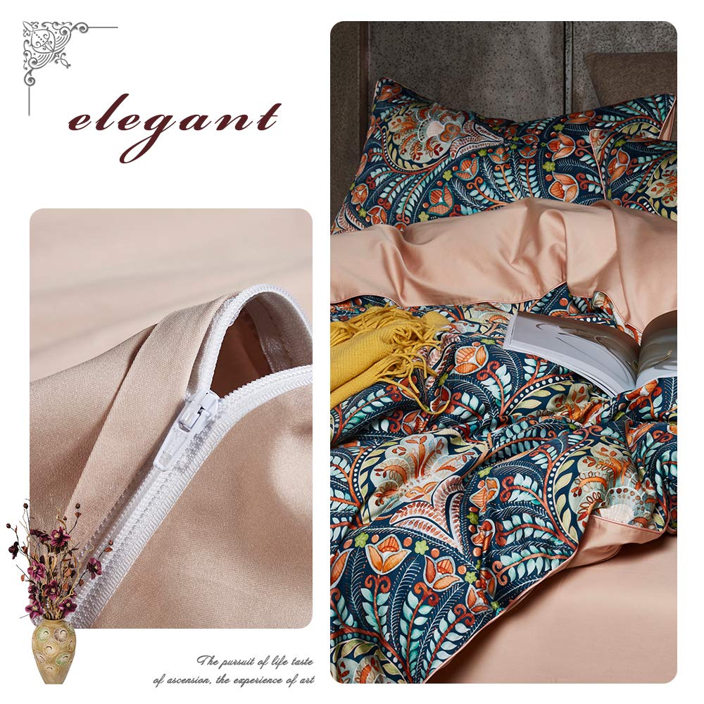 Boho Duvet Cover Queen, Paisley Flower Printed Long Staple Cotton Duvet Cover with 2 Pillowcases, Retro Damask
