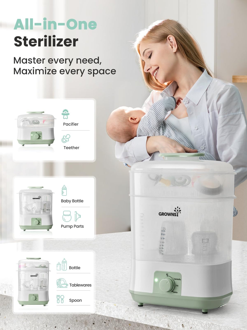 Multi-Function Large Capacity Baby Bottle Sterilizer and Dryer, Green