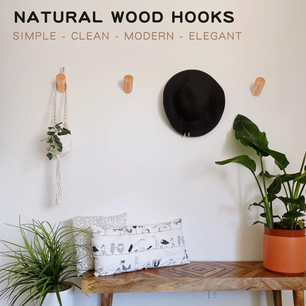 Wood Wall Hooks, 6 Pack Natural Wooden Coat Hooks Wall-Mounted, Rustic Heavy Duty Hook for Hanging Towels Coats