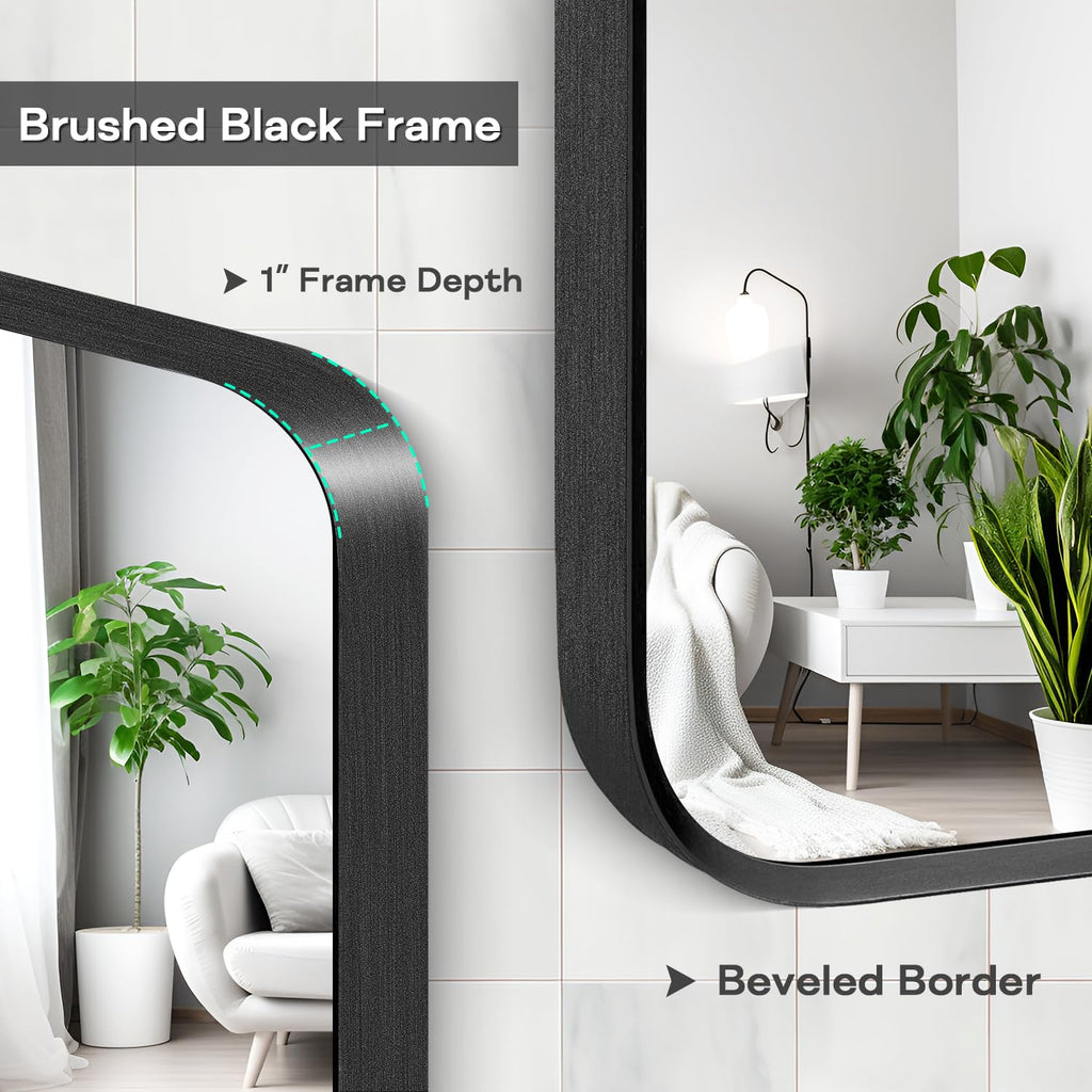 Black Bathroom Mirror 30x48in, Metal Framed Rounded Rectangle Wall