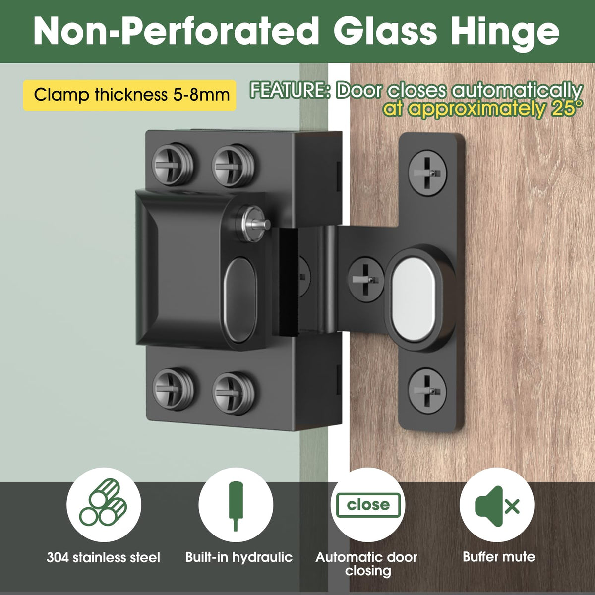 Glass Cabinet Door Hinges, 304 Stainless Steel 5-8mm Glass Doors, Black:2