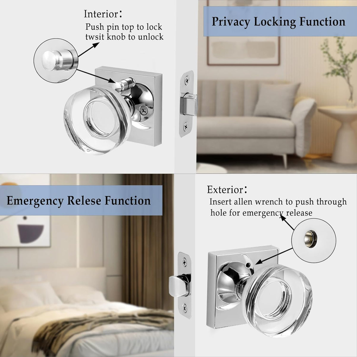 Crystal Glass Door Knobs Interior with Lock, Modern Round Privacy Door Knob Bedroom, Polished Chrome