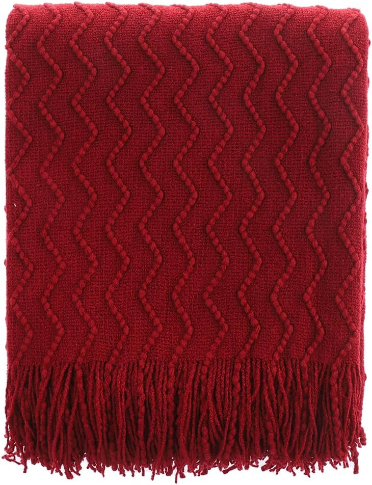 Christmas Red Throw Blanket for Couch, Textured Soft Burgundy Throw Blankets, Decorative Knitted Red Blanket for Sofa