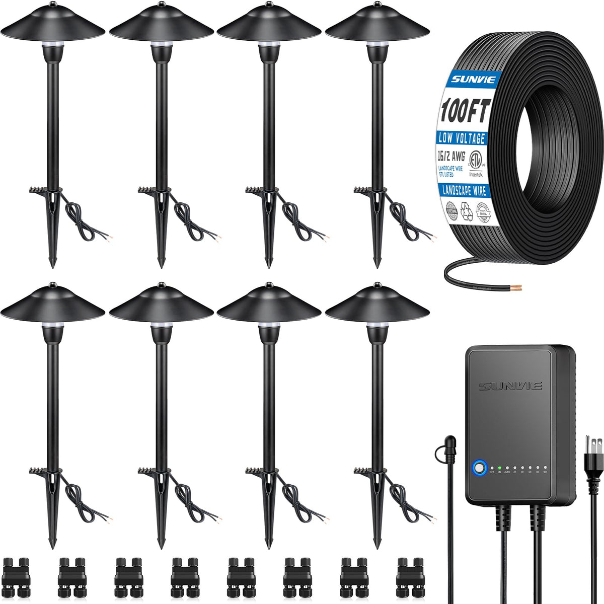 All-in-One LED Pathway Lighting Kit, 8-Pack Low Voltage Landscape Lights with Transformer and 100FT 16/2 AWG Wire