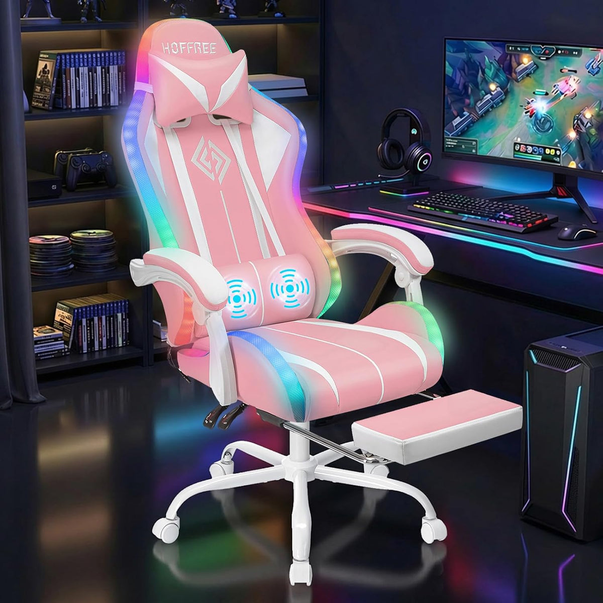 Pink Gaming Chair with RGB LED Lights Massage Computer Chairs for Girls | High Back Video Game Chair with Footrest &