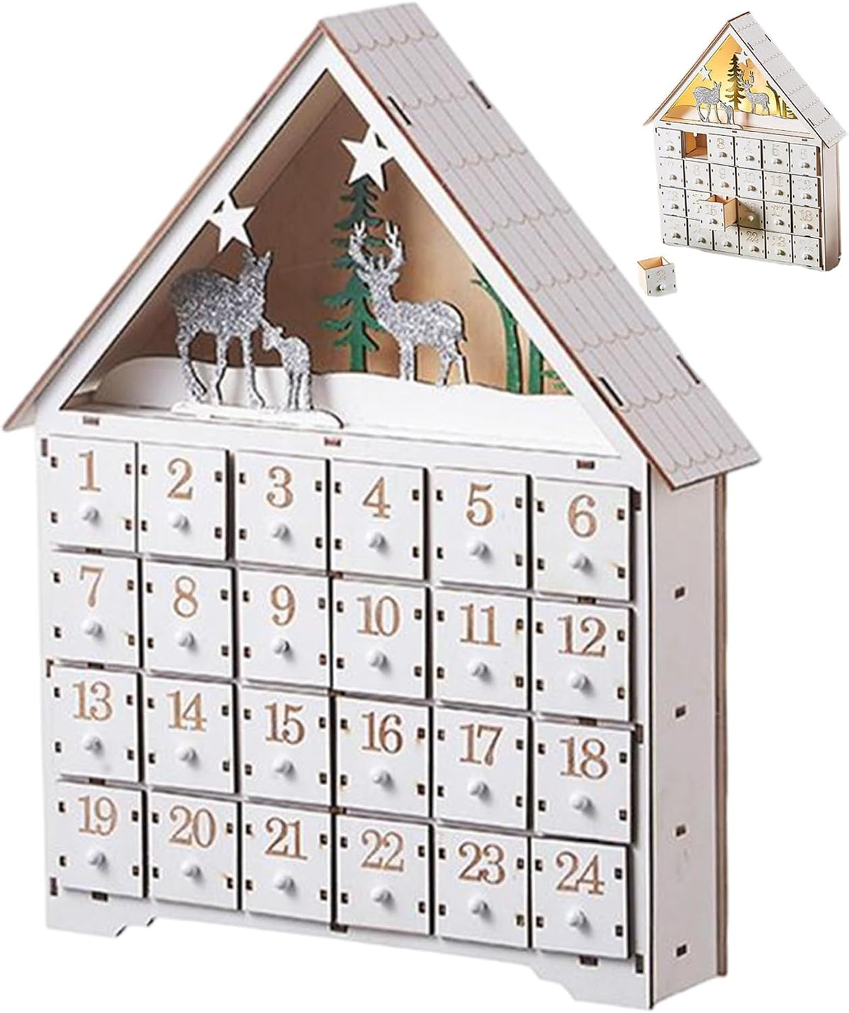 Wooden Advent Calendar with Drawers and LED Lights 24 Days Countdown Empty Advent Calendars to Fill for Christmas