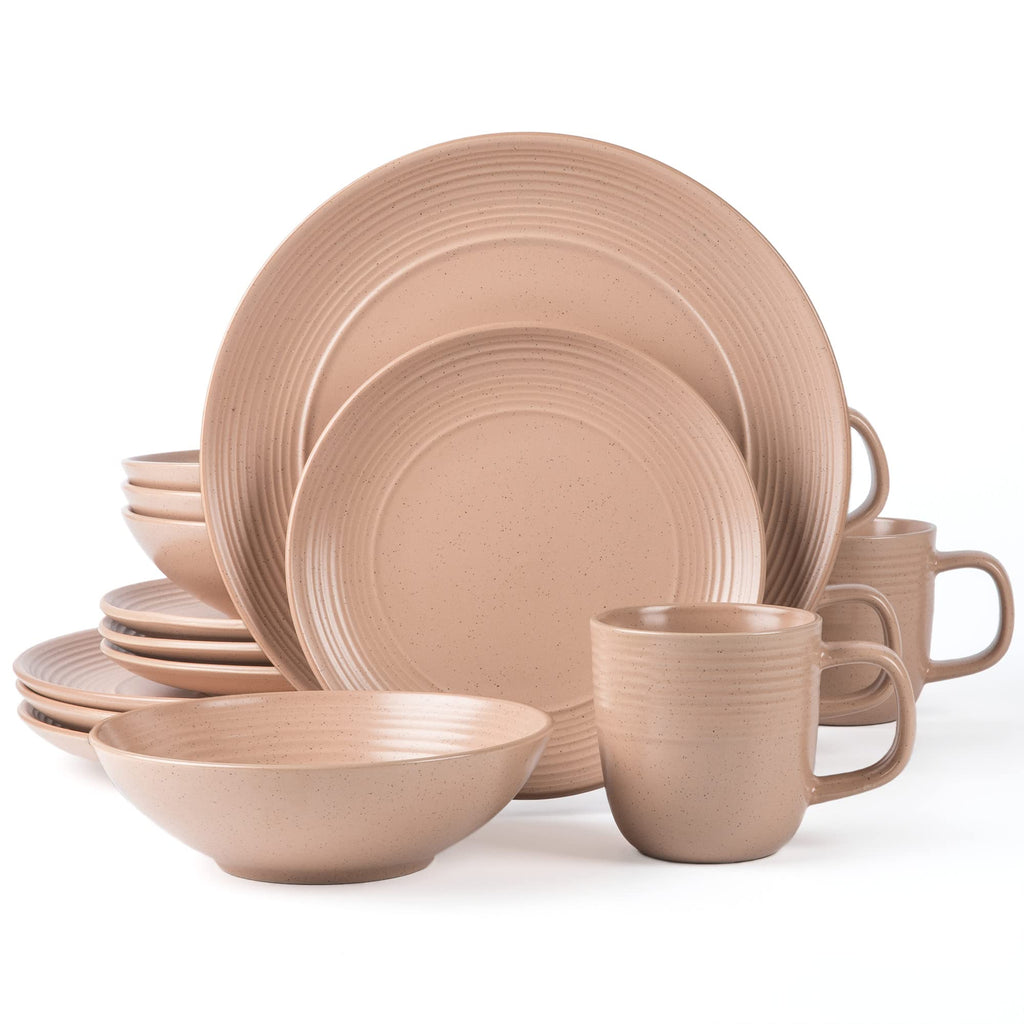 Round Stoneware 16pc Dinnerware Set of 4, Dinner Plates, Side Plates, Cereal Bowls, Mugs - Speckle Matte Coral