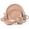 Round Stoneware 16pc Dinnerware Set of 4, Dinner Plates, Side Plates, Cereal Bowls, Mugs - Speckle Matte Coral