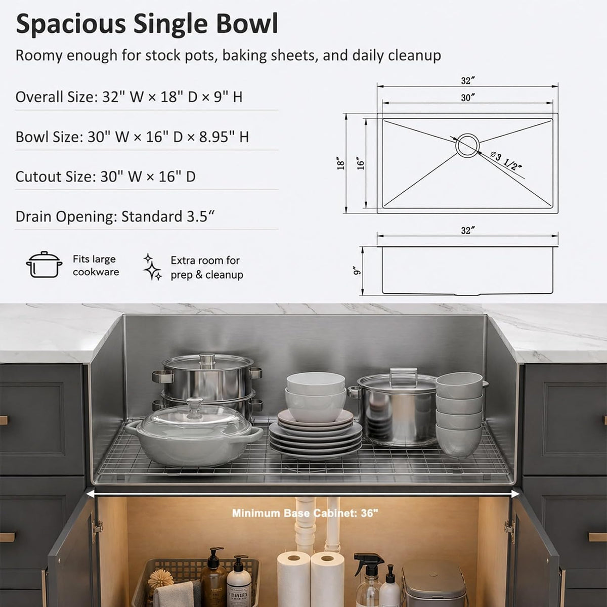 32 Inch Undermount Kitchen Sink, 32x18 Kitchen Sink Undermount, Single Bowl Undermount Sink, 18 Gauge 304 Stainless