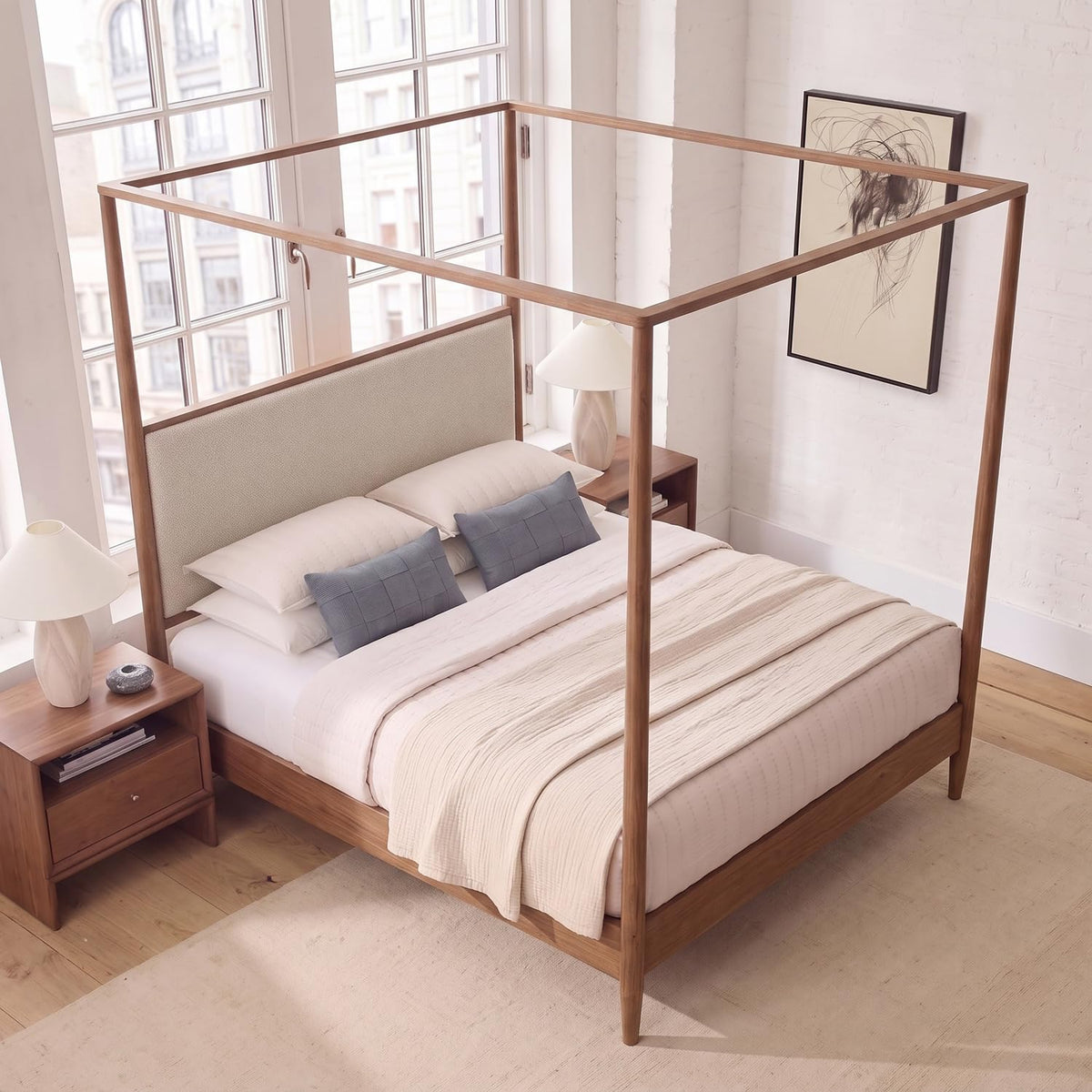 Wood Canopy Bed Frame, Walnut Vintage Four-Posters Platform Bed