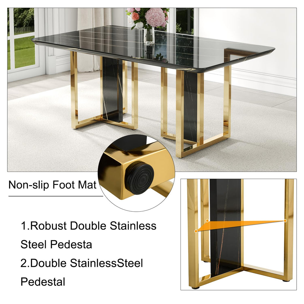 79 Inch Faux Marble Dining Table, Black Rectangular Kitchen Table, 1.8 Inch Thick Mid Century Modern Design, Luxury