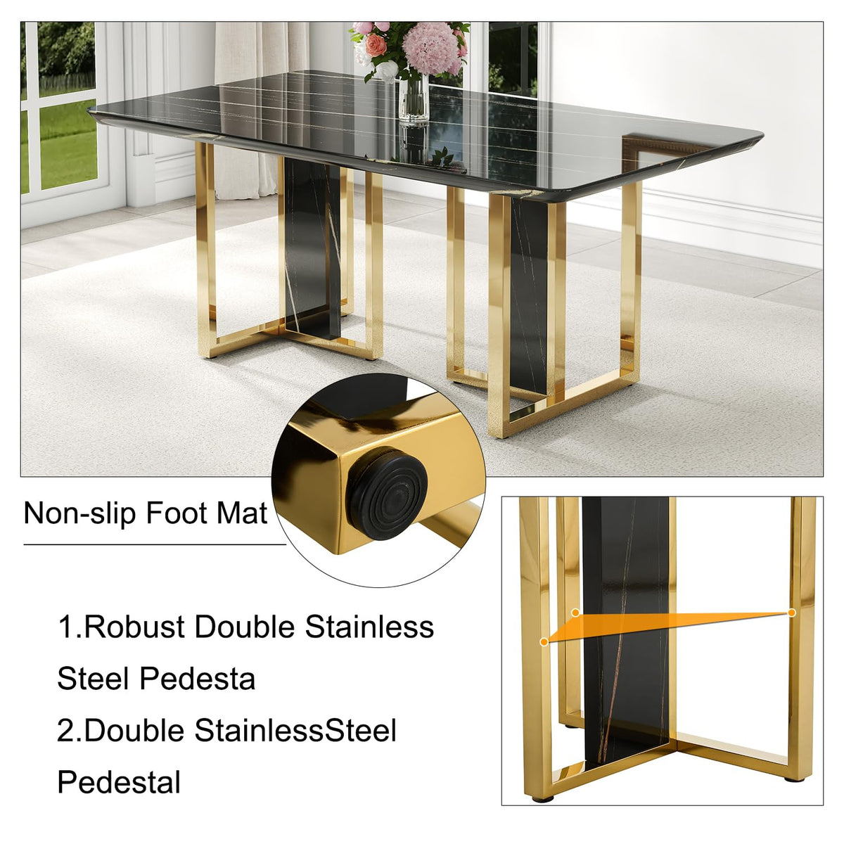 79 Inch Faux Marble Dining Table, Black Rectangular Kitchen Table, 1.8 Inch Thick Mid Century Modern Design, Luxury