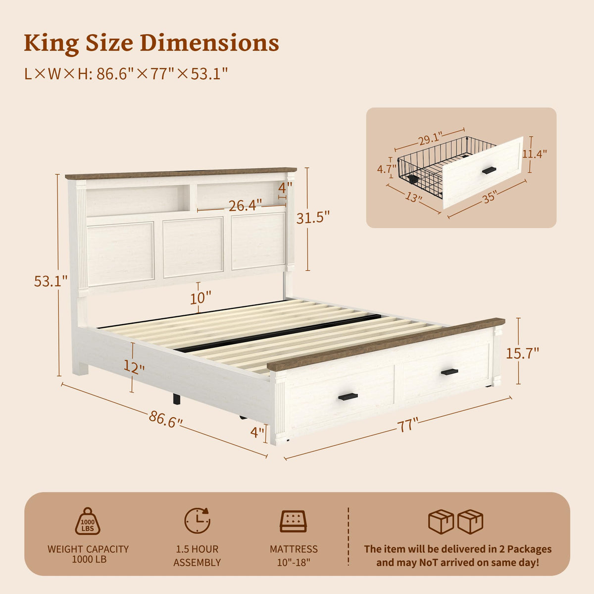 53.1" Tall Bed Frame with Farmhouse Roman Column Headboard, LED Lights, Charging Station, 2 Storage Drawers &