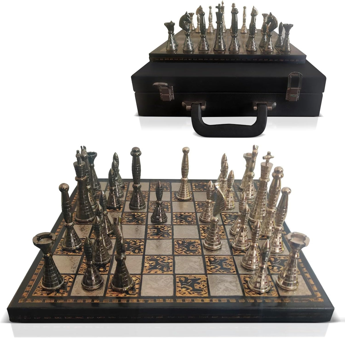 Collectible Metal Brass Chess Set Tribal Warli Art in Leather Storage Box. (12 X 12 in)