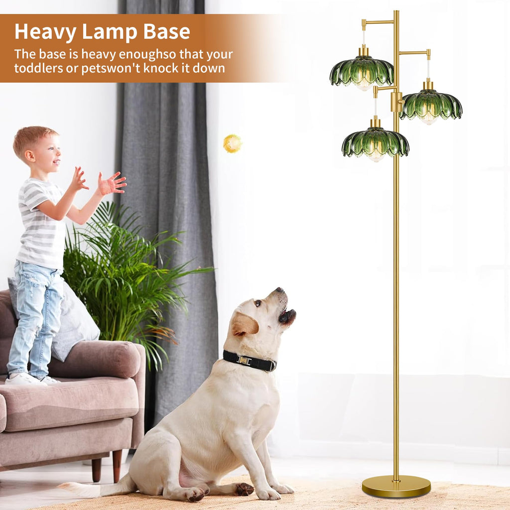 Vintage Floor Lamps Bedroom-3 Light Dimmable Gold Floor Lamp with Glass Lampshape, Flower Tall Lamp Modern Mid