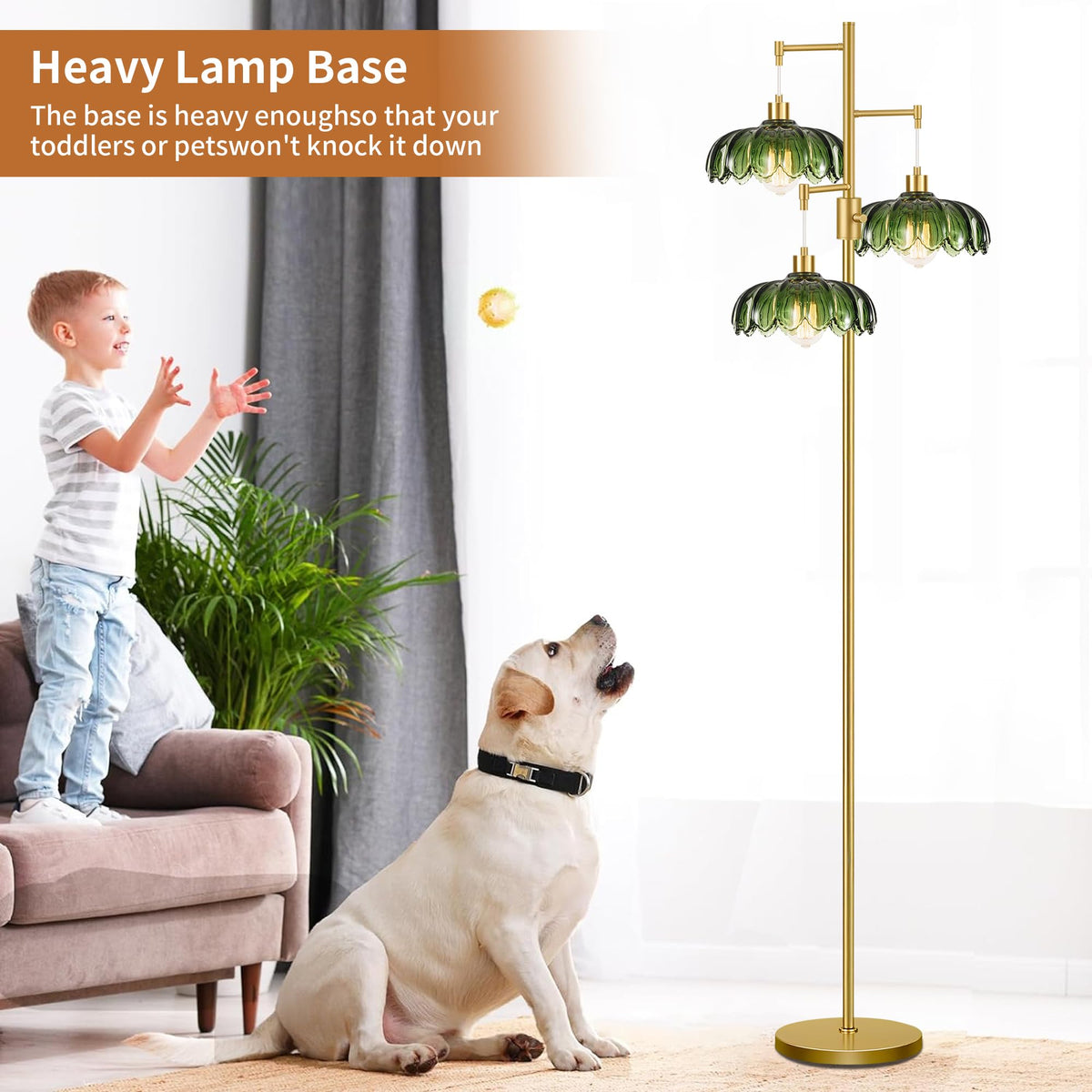 Vintage Floor Lamps Bedroom-3 Light Dimmable Gold Floor Lamp with Glass Lampshape, Flower Tall Lamp Modern Mid