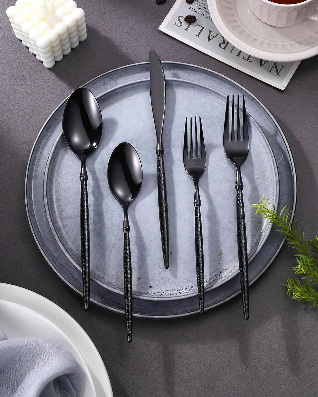 20-Piece Hammered Black Silverware Set,18/10 Stainless Steel Forging Heavy Duty Cutlery Set for 4, Luxury Unique