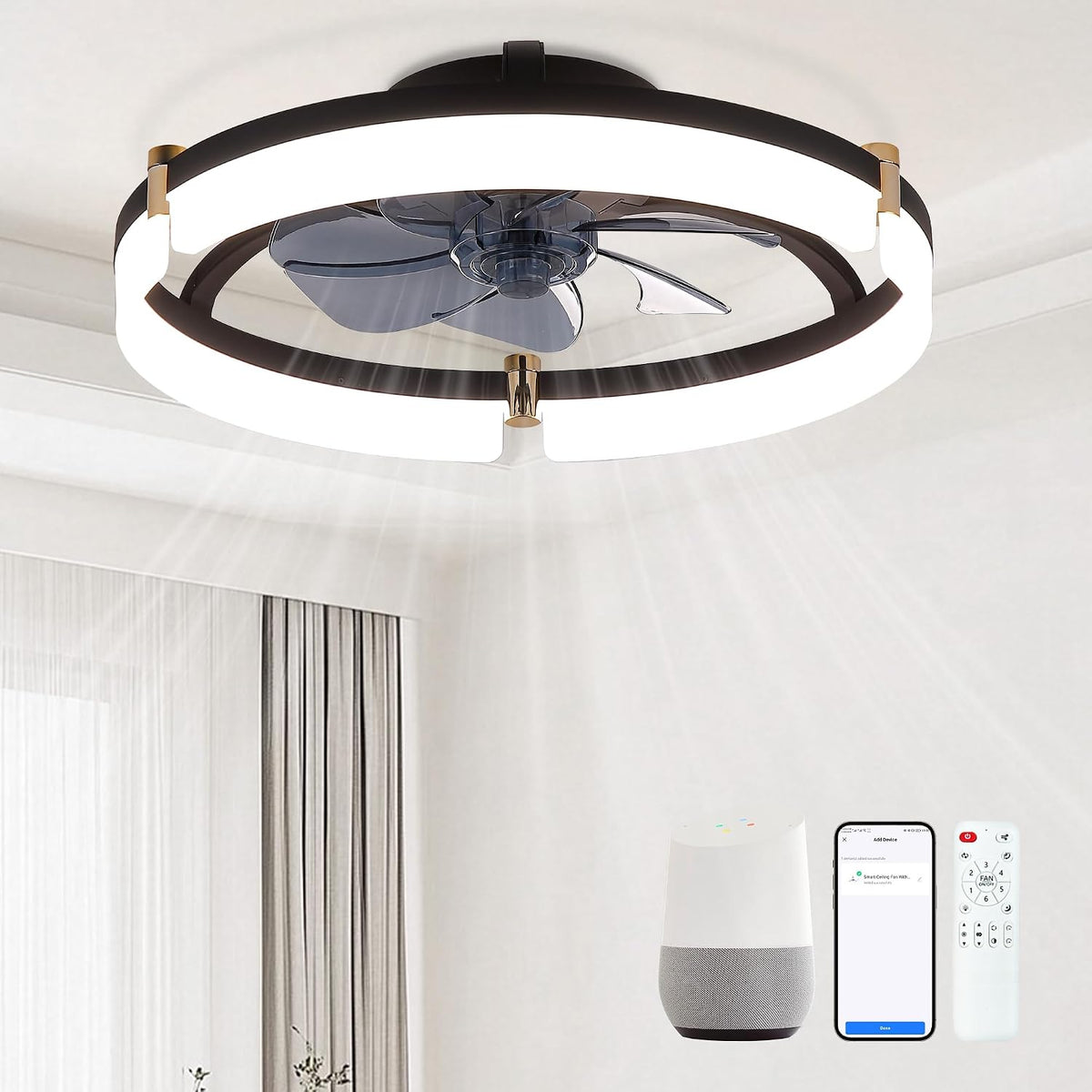20" Smart Flush Mount Ceiling Fan with Light & Remote