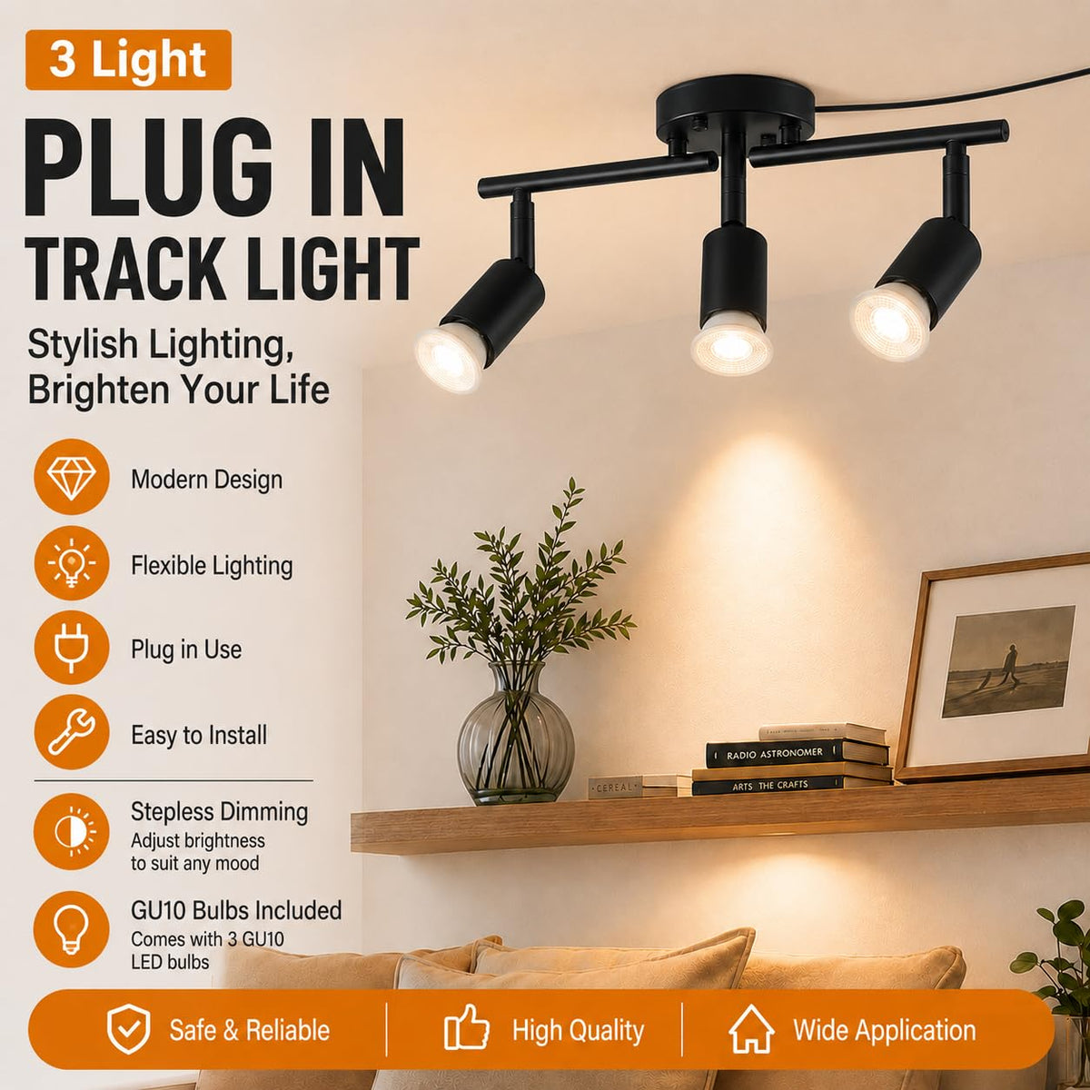 Dimmable Plug in Track Lighting,Plug in Ceiling Light Fixture,Balck 3 Light Track Light with 16.4' Long Cord,Dimming
