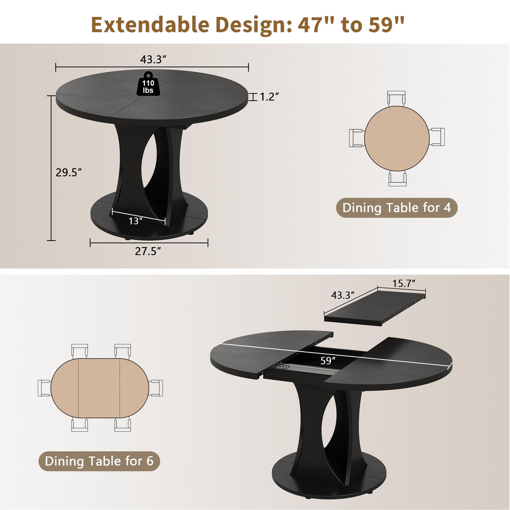 Inspired Saarinen Style 43"-59" Extendable Dining Table, Round Kitchen Table with Modern Arcs Pedestal, Oval Dinner Table with Removable
