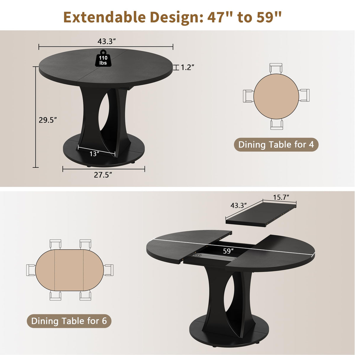 Inspired Saarinen Style 43"-59" Extendable Dining Table, Round Kitchen Table with Modern Arcs Pedestal, Oval Dinner Table with Removable