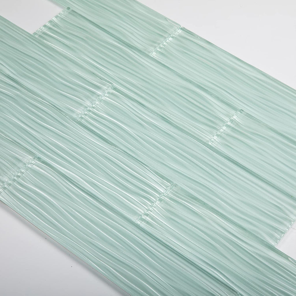Light Green Water Wave Glass Subway Tile, 3 x 12 Inch, 4 Sq Ft, Backsplash Kitchen Wall, 16-Pack