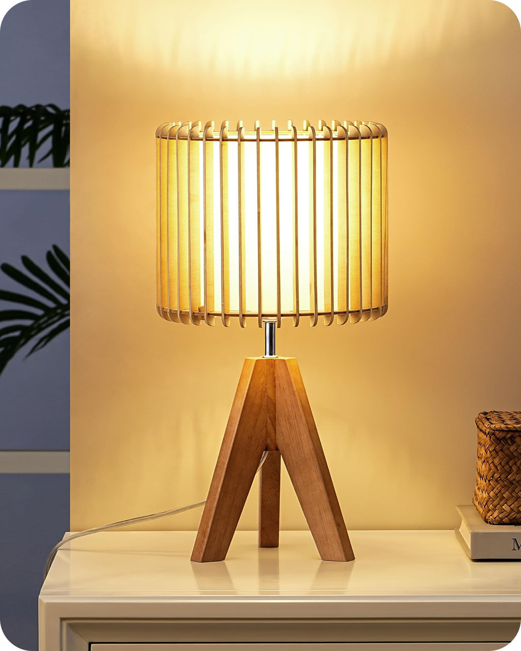 14.17" Small Table Lamp, Wood-Colored Hollow Shade, E26 Base