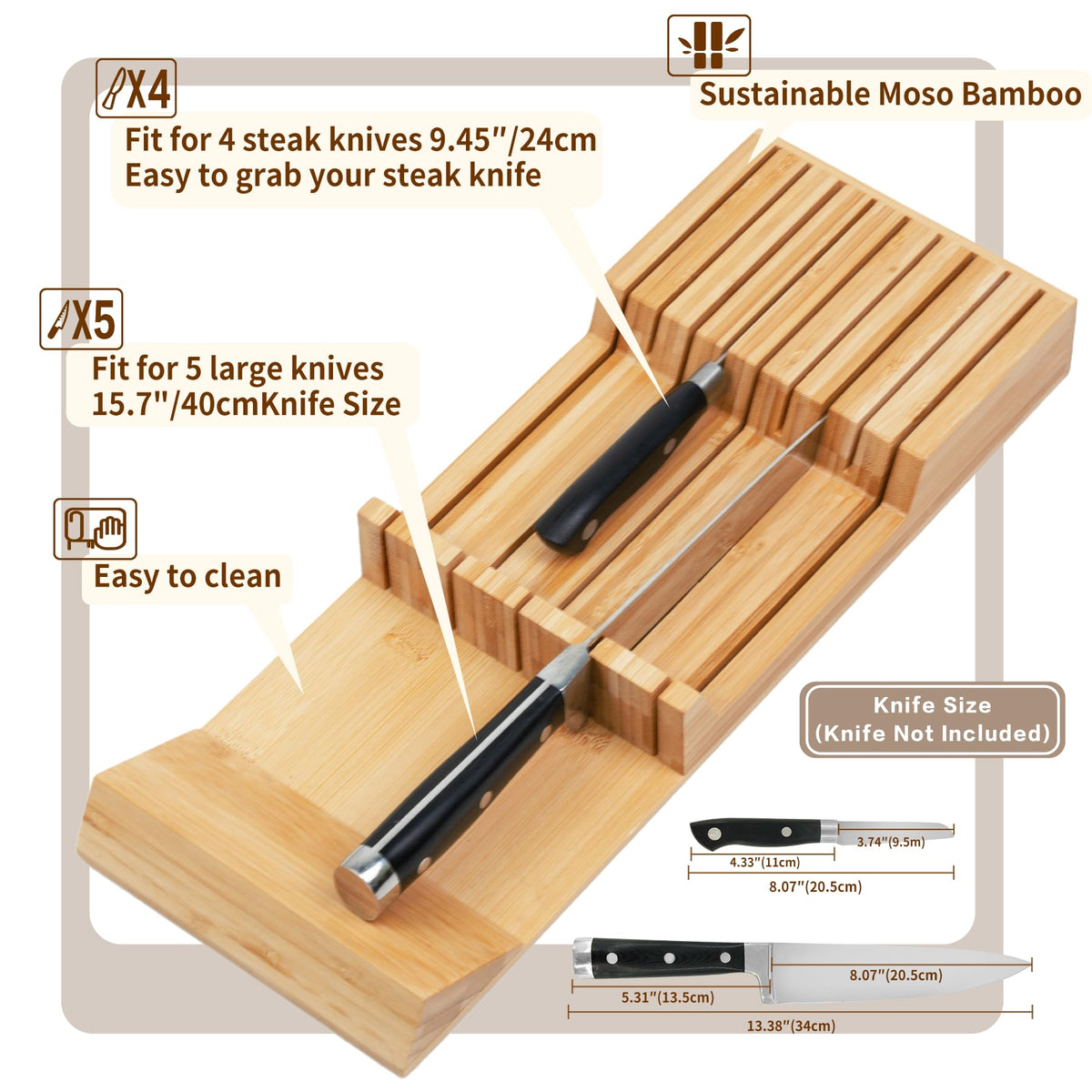 Knife Drawer Organizer, Bamboo Knives Block Drawers
