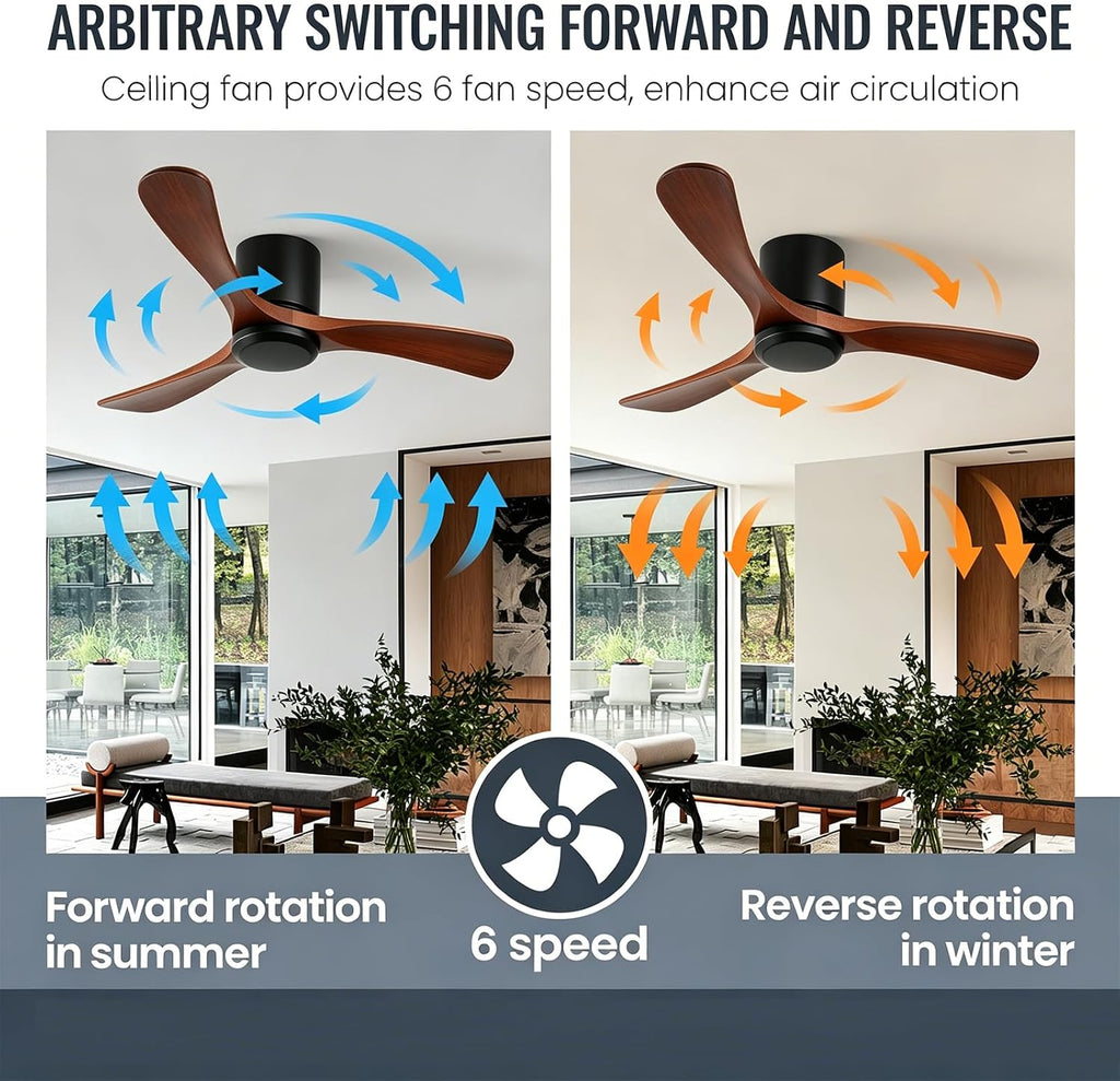 42" Wood Flush Mount Ceiling Fan with Remote, No Light