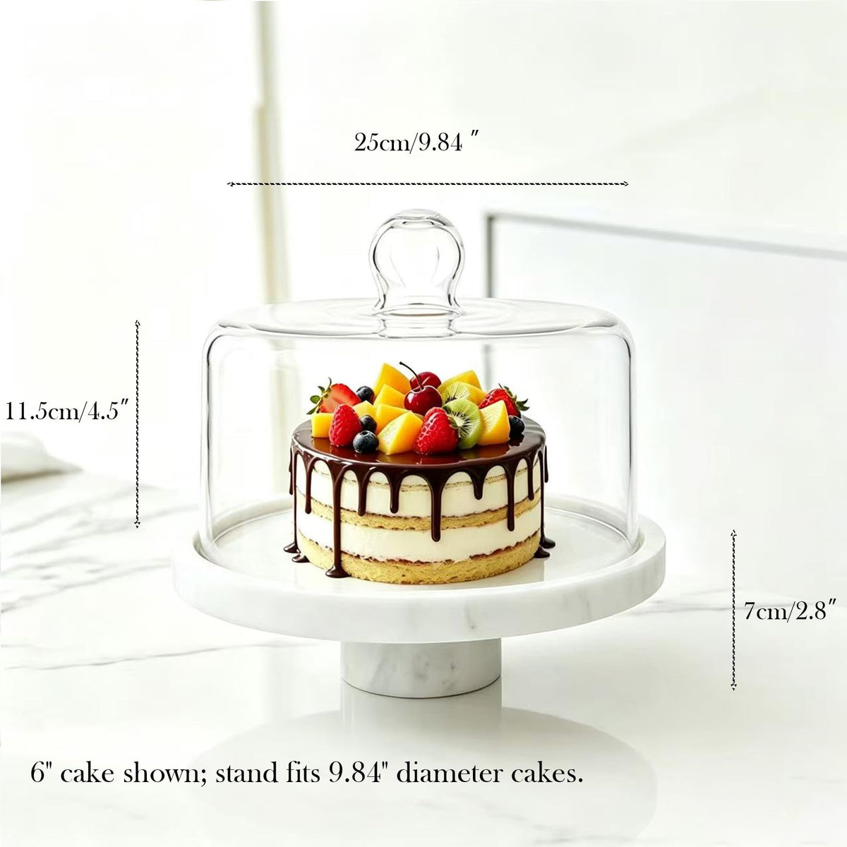 Marble Cake Stand with Glass Dome, Holds 9.84" Cake, with Lid