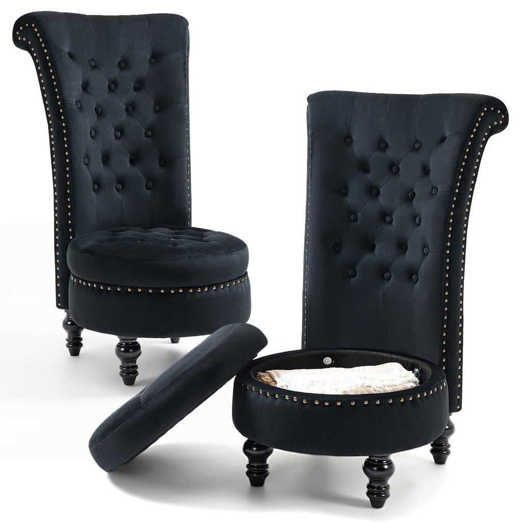High Back Velvet Tufted Throne Chairs with Storage Set of 2, Black