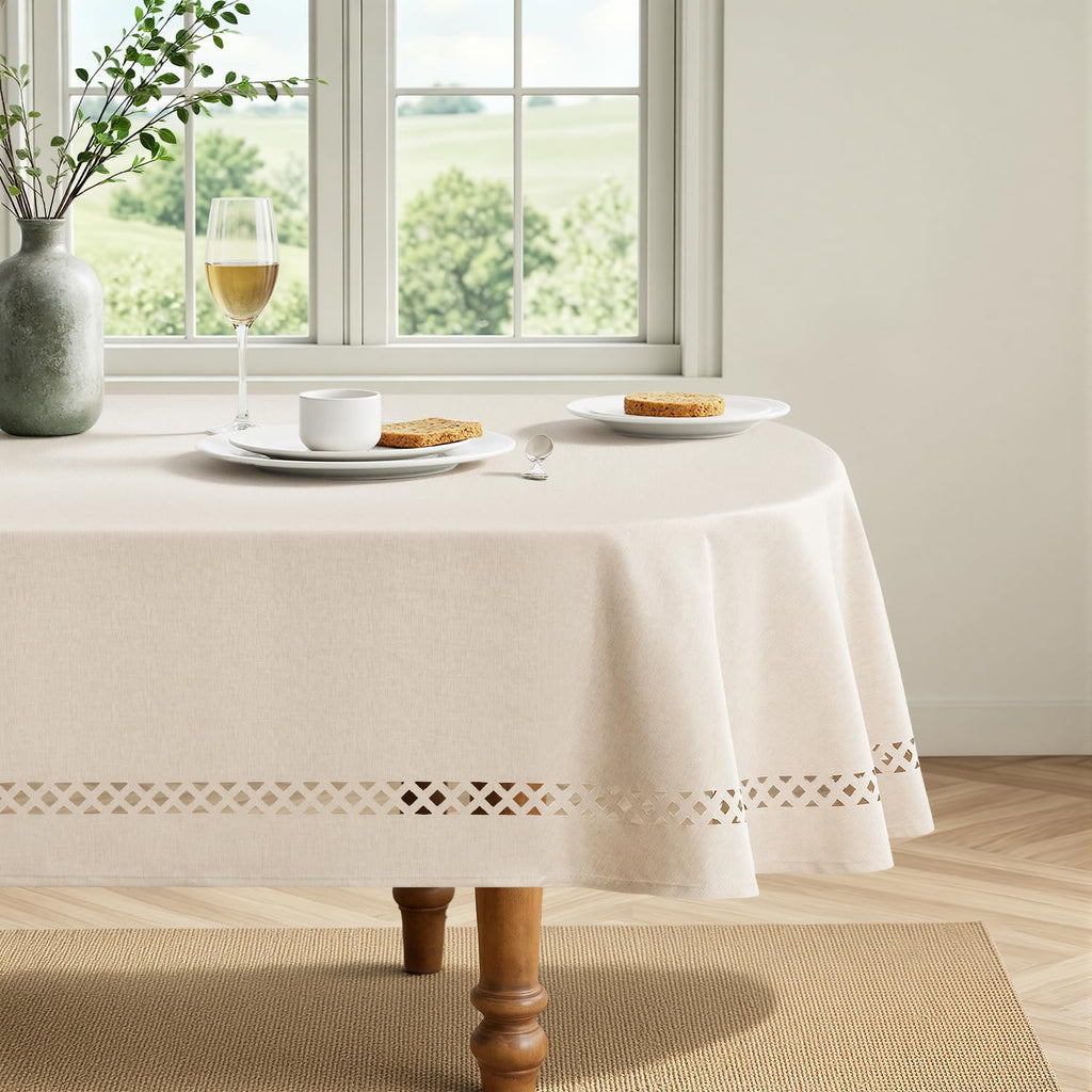Beige Oval Tablecloth with Decorative Cutouts 60x84 Inch