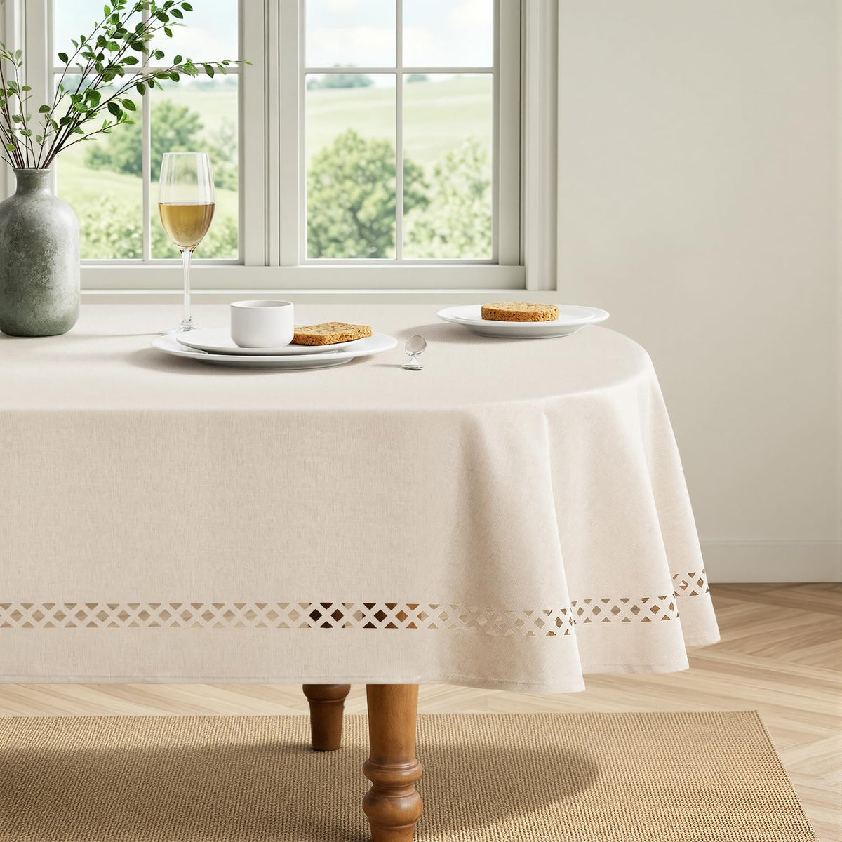 Beige Oval Tablecloth with Decorative Cutouts 60x84 Inch