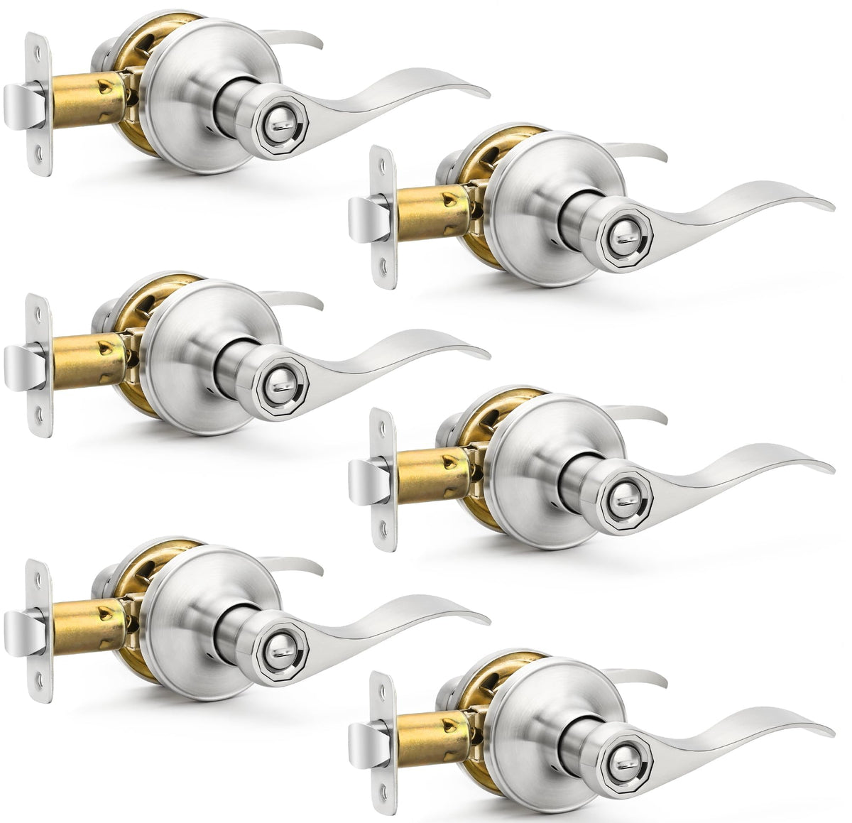 6 Pack Door Handles Privacy Door Levers, Heavy Duty Wave Style Bed/Bath Door Locks Interior Door Knobs, Reversible