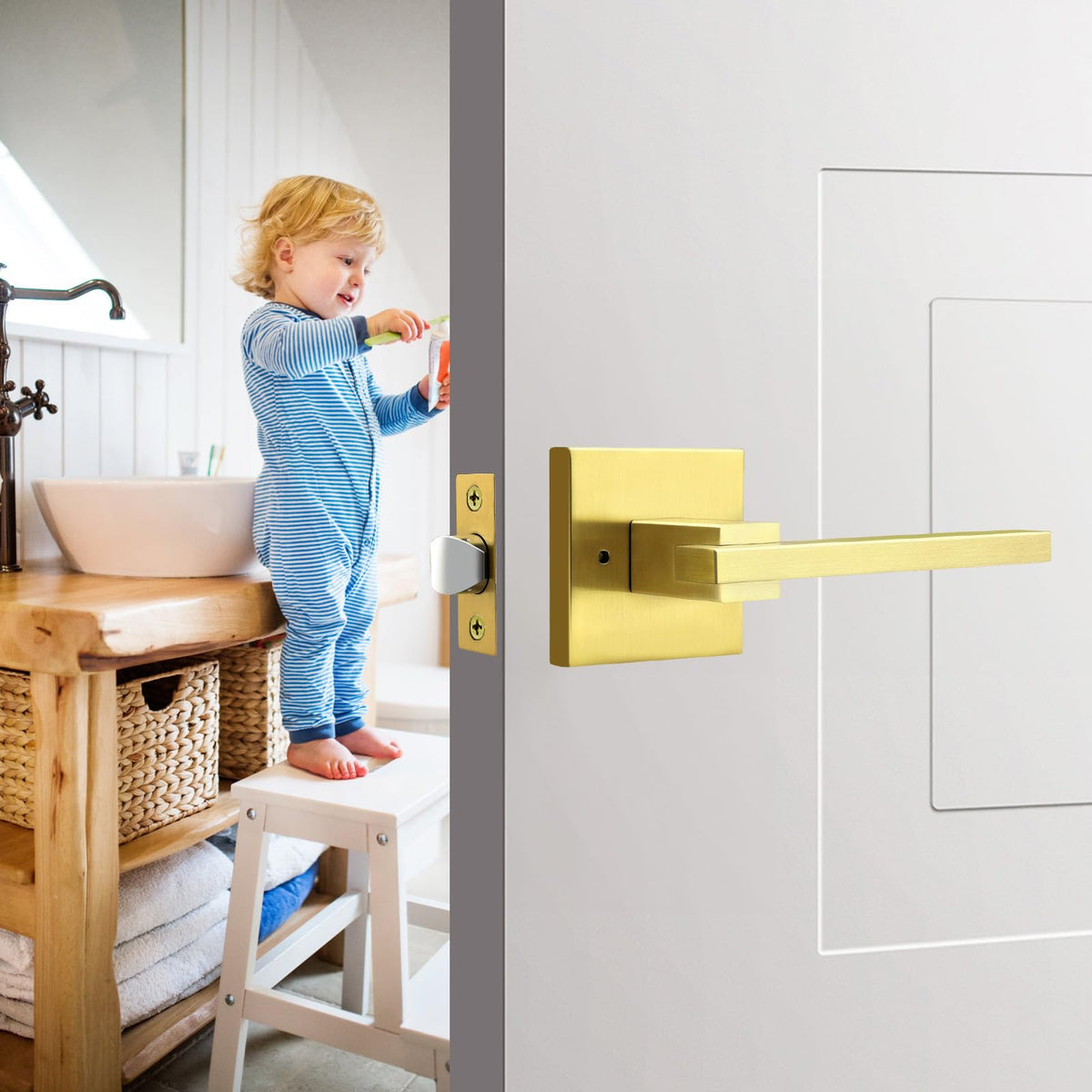 1 Pack Gold Privacy Door Handles Square Keyless Door Lever, Interior Door Handle , Modern Door Handle Sets Stainless