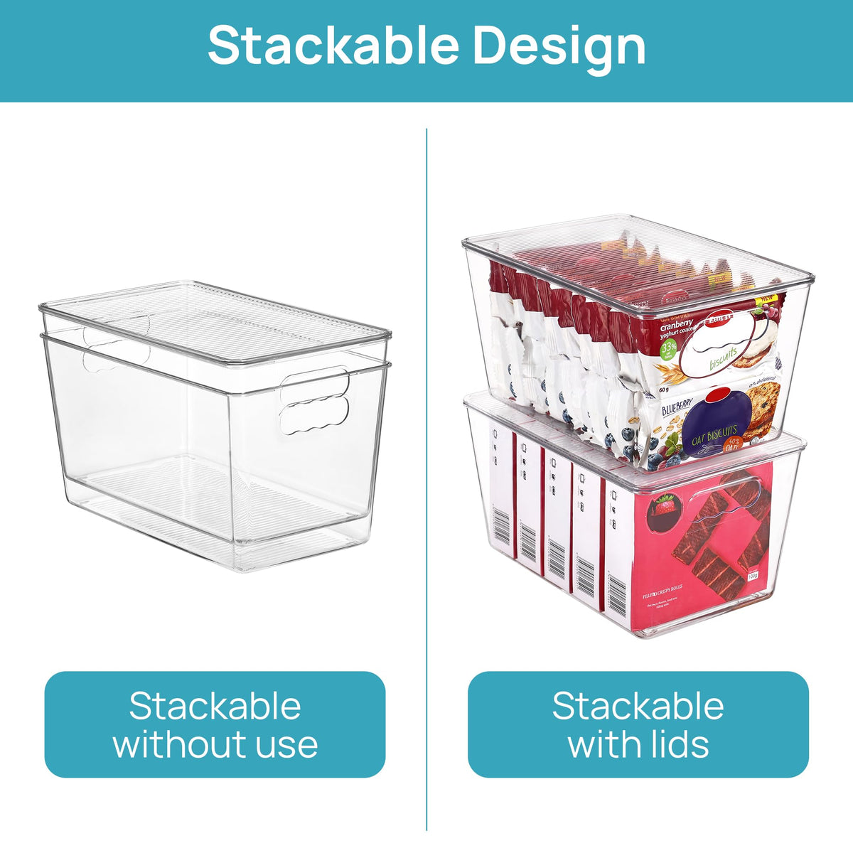 8 Pack Clear Stackable Storage Bins with Lids and Handles, Large