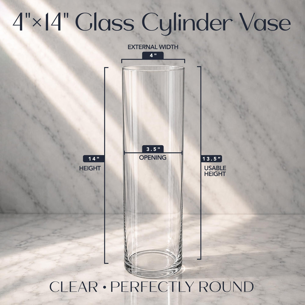 Glass Cylinder Flower Vase 4" Wide x 14" Tall, Clear