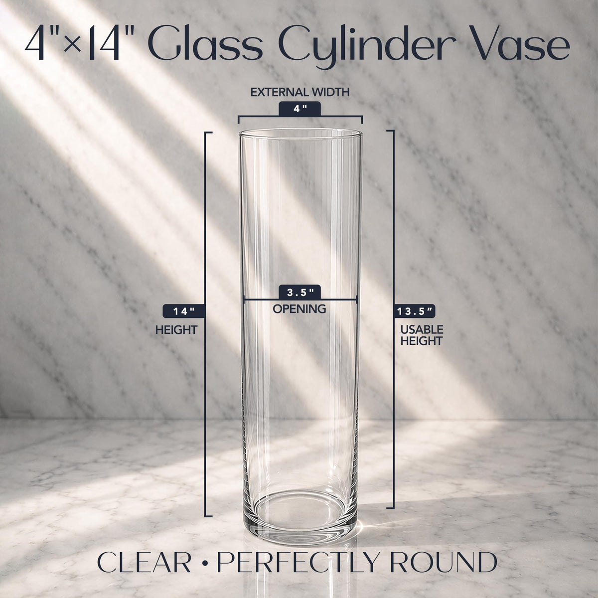 Glass Cylinder Flower Vase 4" Wide x 14" Tall, Clear