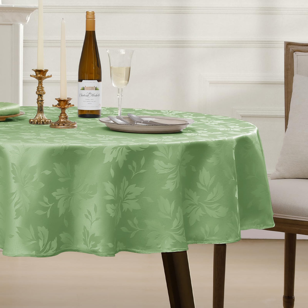 Jacquard Round Tablecloth 70 Inch, Sage Green