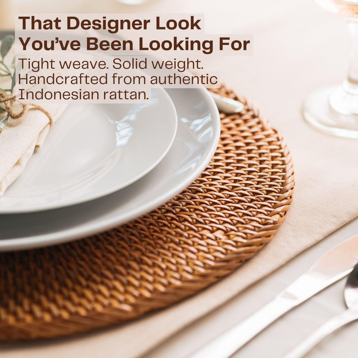 6-Pack Rattan Placemats - 13-inch Round Placemats (Smoky Brown) - Smoked-Cured Woven Place Mats, Round Table Mats