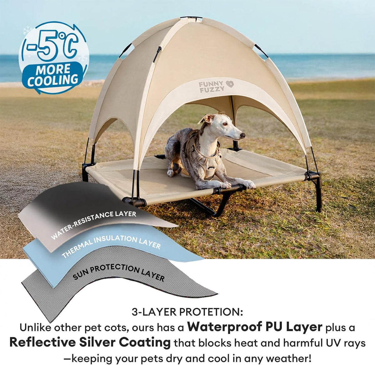 Outdoor Elevated Dog Bed with Canopy Large Sized Dog, 48" Khaki