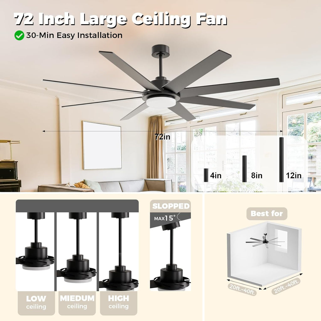 72" Black Indoor/Outdoor Ceiling Fan with Light & Remote