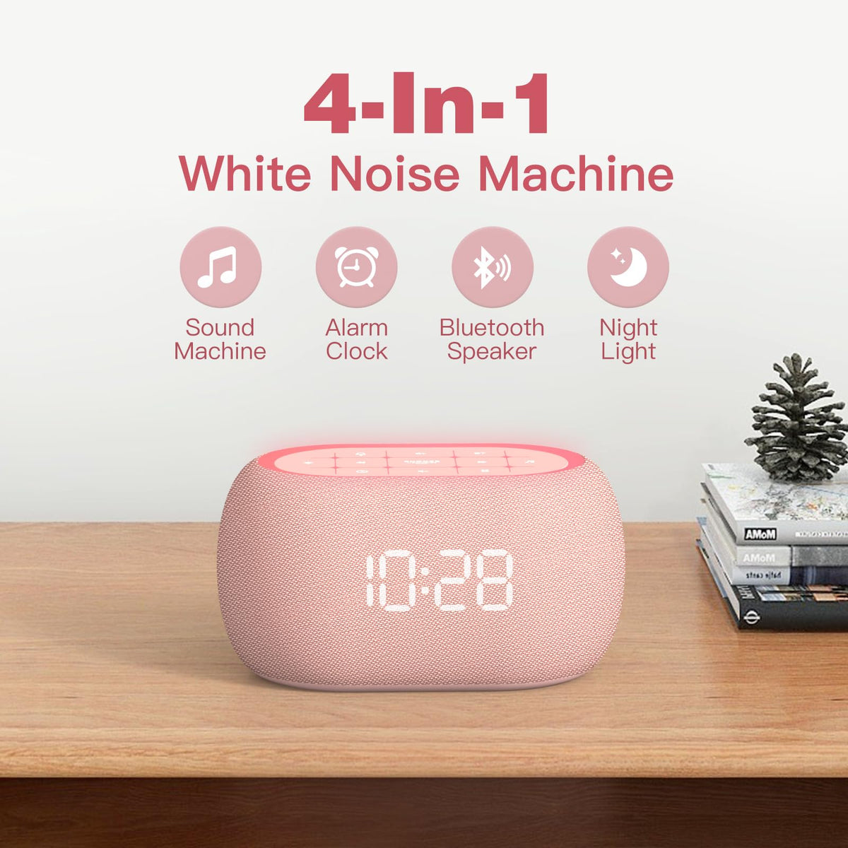 White Noise Sound Machine Alarm Clock with Bluetooth Speaker, Hi-Fi Stereo Sound, 21 /7 Night Lights, 0-100%