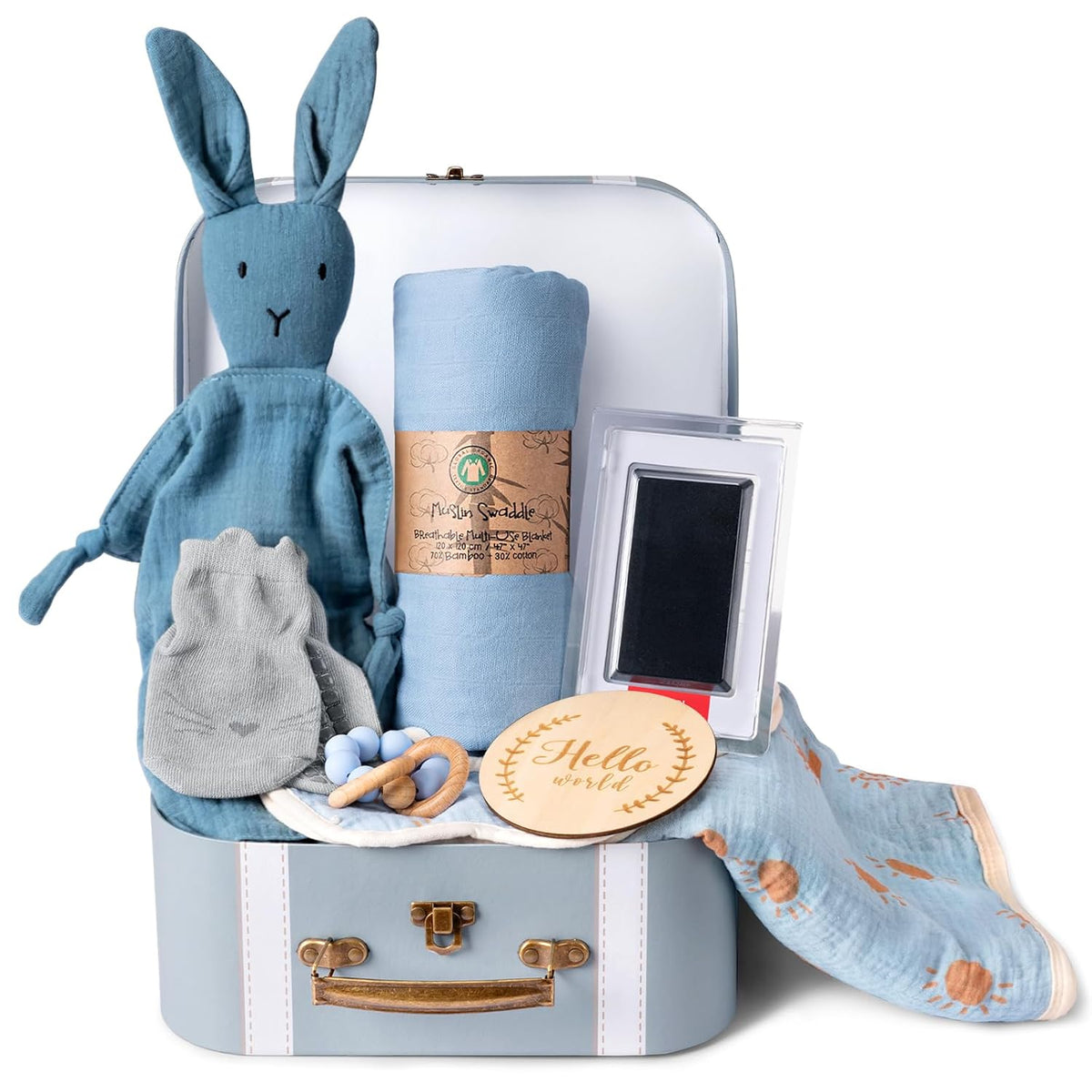Baby Shower Gifts for Boys, Baby Boy Gifts & Newborn Essentials Bunny Lovey Security Blanket Wooden Milestone Card