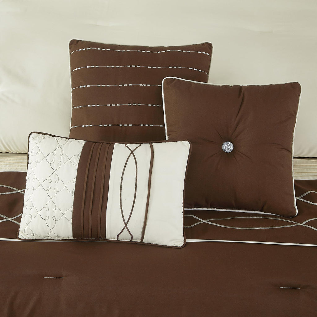 7 Piece Comforter Set, Brown Geometric Clip Design, 100% Polyester, Luxury All Seasons Bed Set Includes