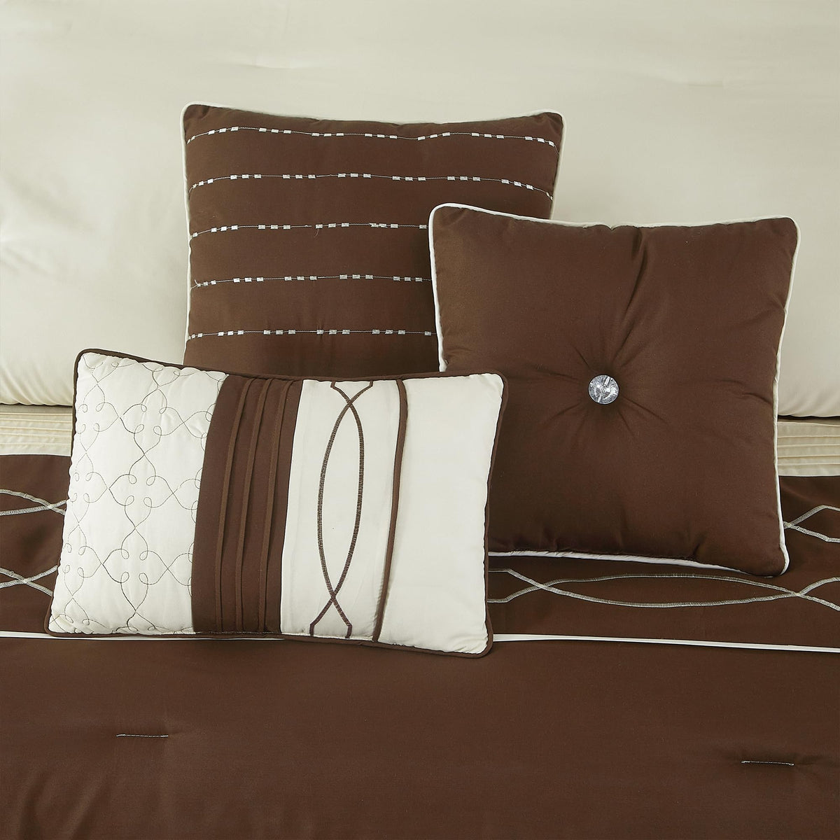 7 Piece Comforter Set, Brown Geometric Clip Design, 100% Polyester, Luxury All Seasons Bed Set Includes