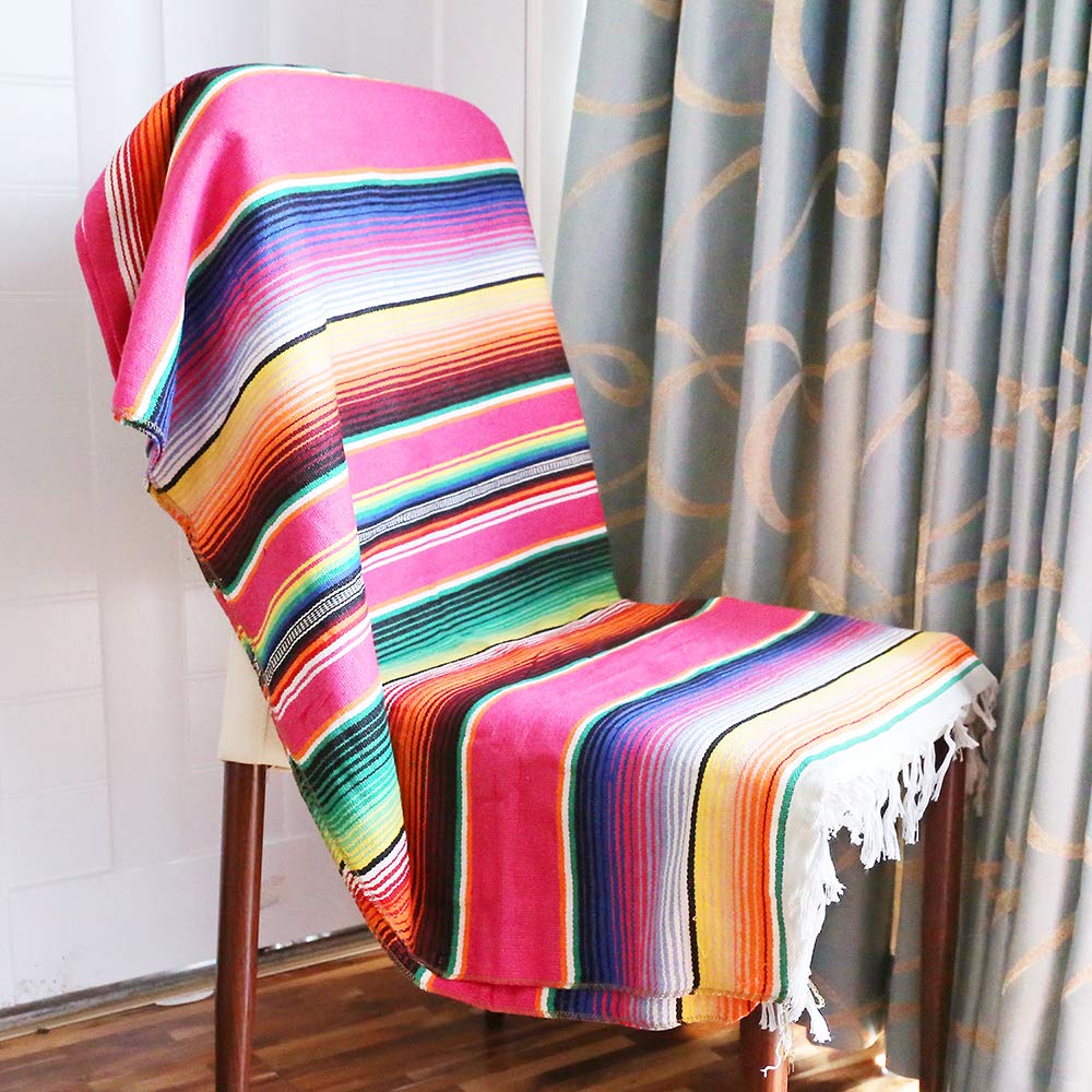 Mexican Serape Blanket, 84 X 59 Inch, Cotton, Rectangular, Rose Pink, Tablecloth, All-Season, Tassel