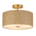 13" Rattan-Style Boho Ceiling Light Fixture, 3-Light Modern Semi Flush Mount Lamp with Drum Shade, Rustic Brown