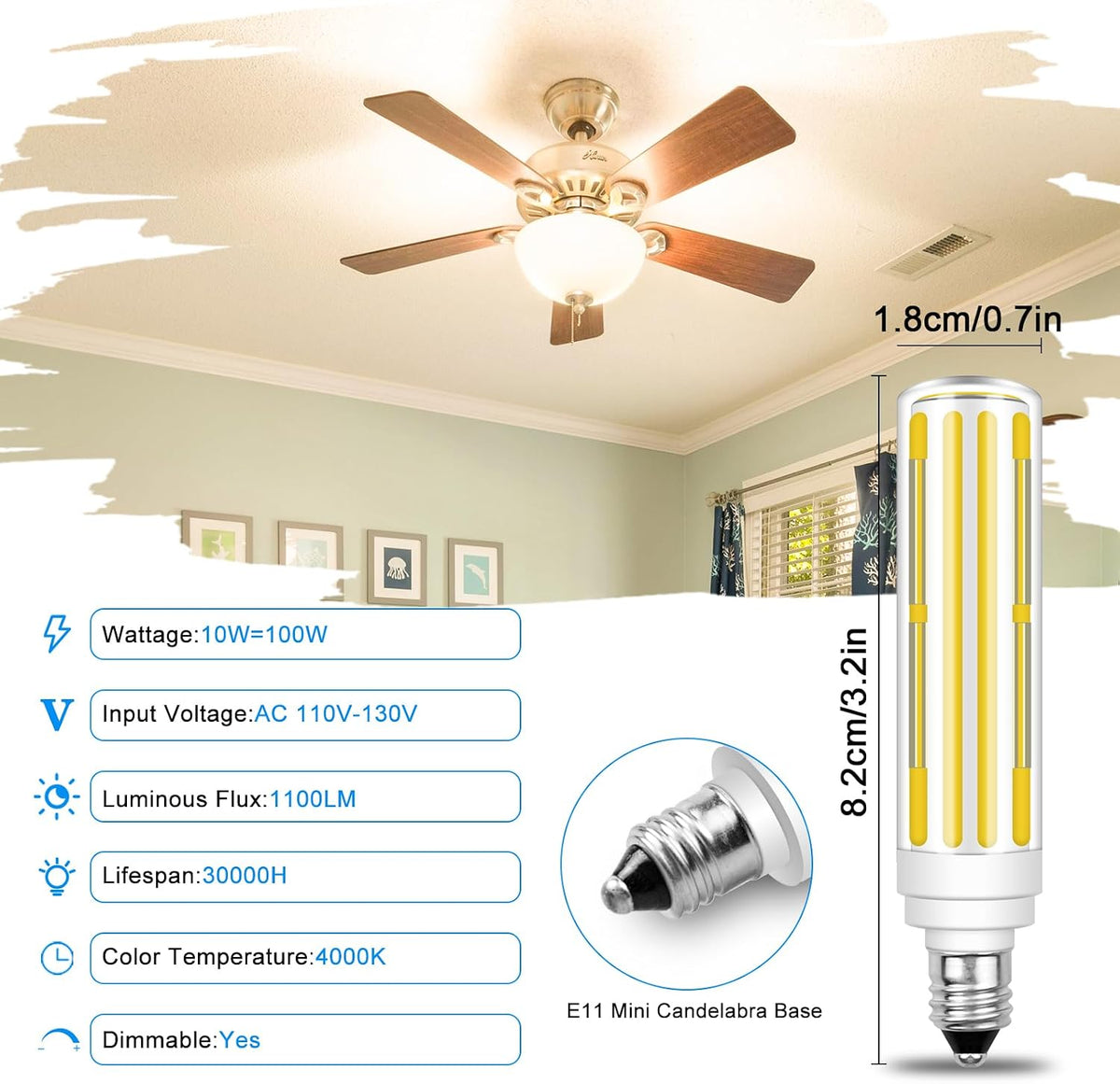 E11 LED Bulb 10W 4000K Dimmable 100W Halogen Equivalent